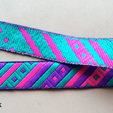 Fuchsia Pink, Purple And Teal Green Stripes and Square Geometric Pattern Embroidered Trim, Approx. 20mm Wide - 200317L394